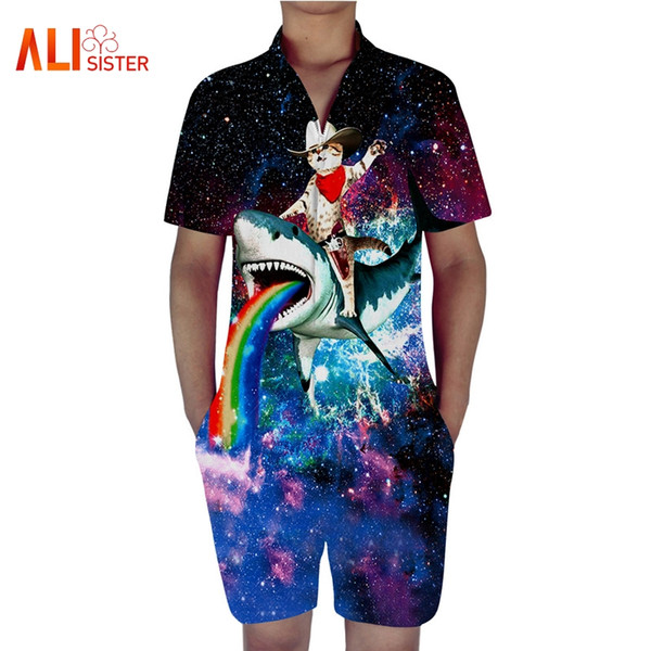 2018 New Design Men Romper Fashion 3d Funny Cat Anime Print Short Sleeve Jumpsuit Male Casual Beach Party One-Piece Rompers