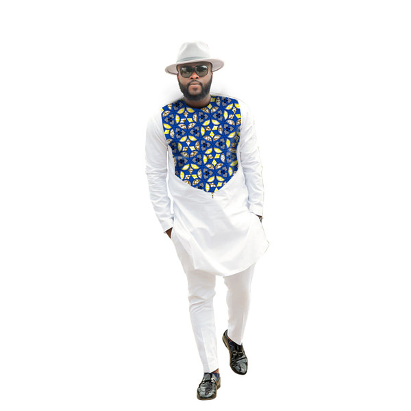 Fashion African Men Tops+pants set Male Dashiki Clothes Print And White Long Sleeve Man T shirt and pants sets African Clothing