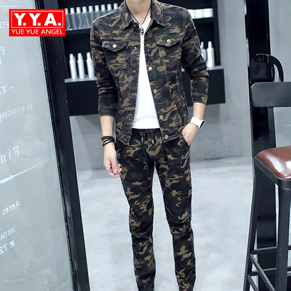 Spring New Fashion Mens Sets Camouflage Long Sleeve Man Jeans Coat Biker Elasitc Waist Full Length Denim Trousers