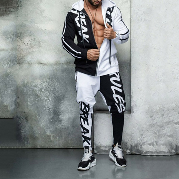 Mens Hip Hop Sports 2 Pieces Set Zipper Sweatshirts + Pencil Pants Men Slim Casual Gyms Letter Printed Tracksuit Streetwear