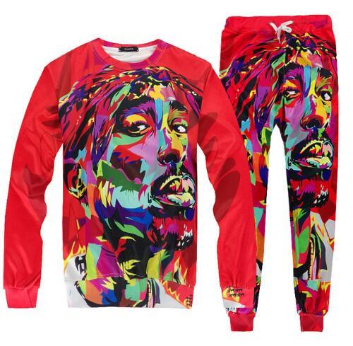 Plus Size 3D Print 2 Pac Head Emoji Graphic Sweatshirts Sweatpants Sets Fashion Red Hoodies Pullover Hip Hop Tracksuit Sudaderas