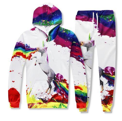 Men/Women Fashion 3D Print Rainbow Spit Paint Horse Graphic Hooded Sweatshirts Pants Colorful Casual Hoodies Tops Tracksuits