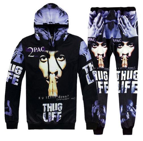 Sondirane Hip Hop 3D Print 2Pac Face Cap Emoji Pattern Jogger Pants and Hoodies Casual Trousers Funny Sweatshirts 2 Piece