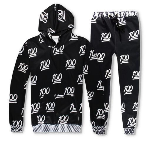 100 Black and White Print Hoodies 3d QQ Expression 100 Points Emoji Sweatsrhitrs Jogger Pants Men/Women Fashion Tracksuits Sets