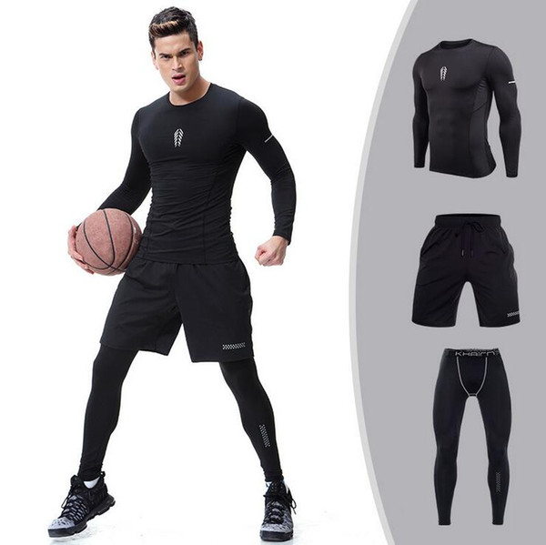 Sports Suit Men's New Men's Tight Training Pro Workout Wear Long Sleeve Tight Three-piece Training Suit