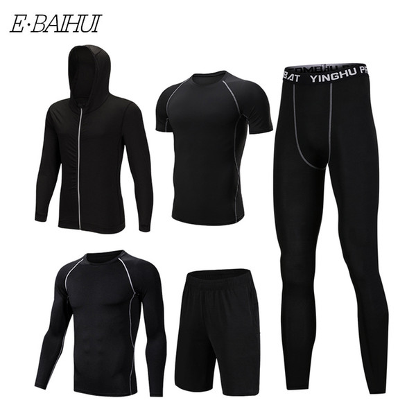 E-BAIHUI 5 Pcs New Fitness Suit Sports Clothing Men's Hooded Sweater Five-piece Suit Basketball Running Training Suit 010