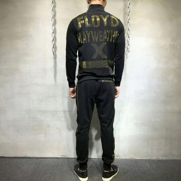 Mens Paris High Quality Big LOGO Pocket Men's Tracksuit Sets Two Pieces Gold Rhinestone Zipper Sets Cotton Hoodies + Pants Men Autumn Winter