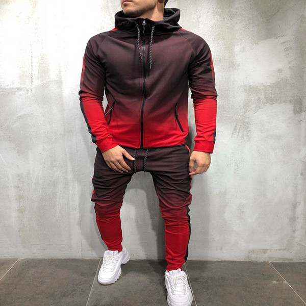 Casual Men's Tracksuit Long Sleeve Gradient Hooded Jogging Tops Bottom Sporty Sweat 2PCS Suit Trousers Hoodie Coat Pant