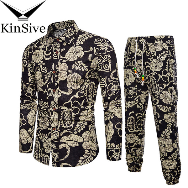 Mens Shirts Tracksuit Pants Sets Two Piece Beach Clothes Party Shirts Suit 2018 Men Streetwear Fashion Flower Printed Sweat Pant