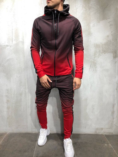 2019 Puimentiua Zipper Tracksuit Men Set Sporting 2 Pieces Sweatsuit Men Clothes Printed Hooded Hoodies Jacket Pants Track Suits Male