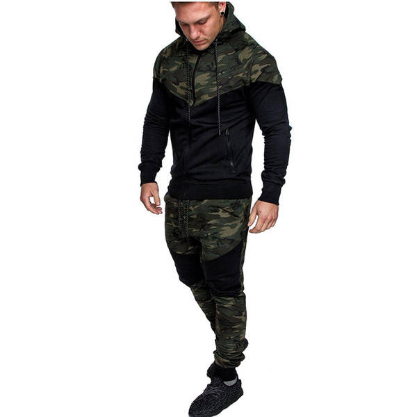 Camouflage Printed Men Set Causal Patchwork Jacket Men 2Pcs Tracksuit Sportswear Hoodies Sweatshirt Pants Jogger Suit