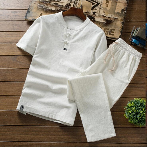 High Quality Summer Thin Linen Sets Men's Cotton Slim Short Sleeve T-Shirt Solid Color Large Size Casual Pants Men