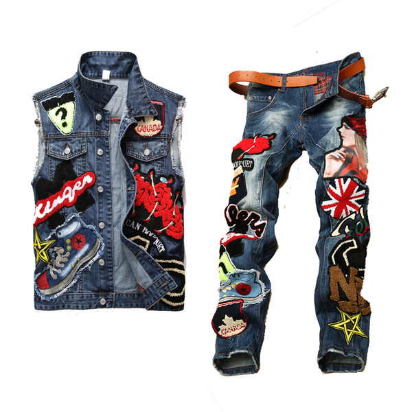 Men Clothing Set Motorcycle Autumn Sequin Embroidery Beauty Letter Denim Sets Men's Turn Down Collar Vests+Pants Twinsets