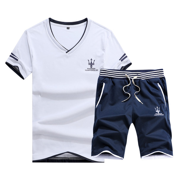 Summer Casual Tracksuit Cotton Made Men Short Suit V-Neck T Shirt With Short Pants 2 Pcs Set Beach Holiday Tracksuits