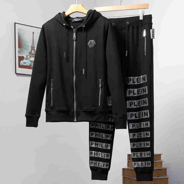 Spring Autumn Men Set Casual Tracksuits PP Skull Tracksuit Striped Zipper Jacket+Sweatpants Two Piece Sets Male Printed Phillip Plain Suit