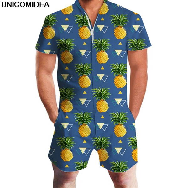 Pineapple Print Men Romper Hawaii Jumpsuit Romper Summer Hoiday Playsuit Overalls One Piece Slim Fit Beachwear Casual Men's Sets