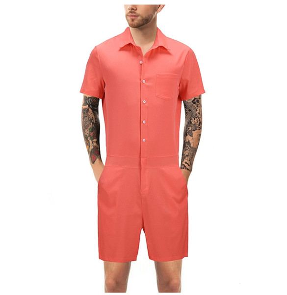 2018 Hot sale men jumpsuits Pure color suits casual street wear Summer/autumn short sleeve shirt leisure men's wear