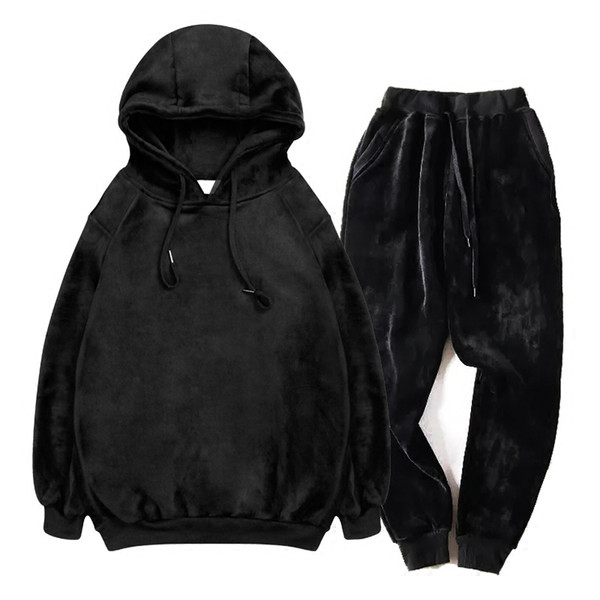 New Fashion Mens Winter Velvet Warm Sweatsuit Black Hoodie Sweatshirts+Sweatpants Sets Suit Casual Tracksuit Large Size S-5XL