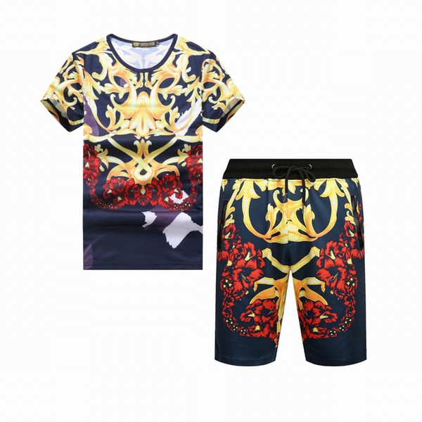 Men T-Shirts+Shorts Set New Summer Casual Printed Shirt Short sleeve suit Male Printing Dress Suit Sets Plus men Short outfit hoodies