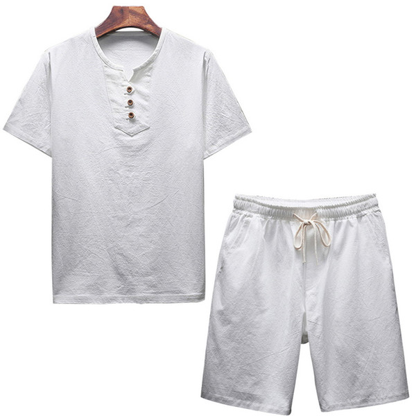 MoneRffi Men's O-Neck Solid Linen Short Sets Brands 2019 Summer Fashion Male Comfortable Breathable Drawsting Casual Sets M-5XL