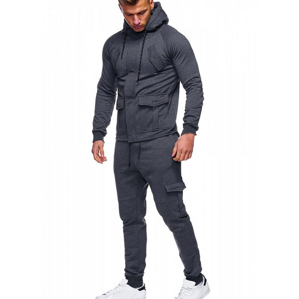 Laamei 2019 New Spring Fashion 2Pcs Mens Sets Solid Sweatshirt+Pants Tracksuits Casual Pockets Drawstring Male Sportwear Clothes