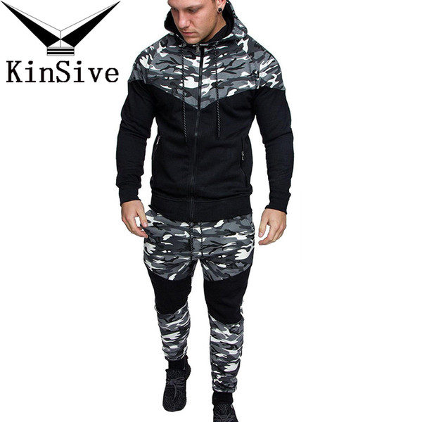 Men 2 Two Piece Set Causal Patchwork Jacket Men Tracksuit Sportswear Camouflage Printed Hoodies Sweatshirt Pants Jogger Suit