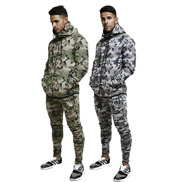 Autumn and winter men's sportswear camouflage tracksuit men set hoodies + pants gyms zipper jacket exercise running men's suit