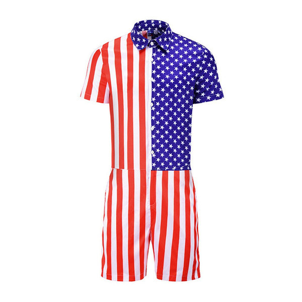 2019 Summer Fashion Men's Cotton And Linen 2 Piece Men's American Flag Striped Button Short Sleeve Top Shirt Siamese Pants