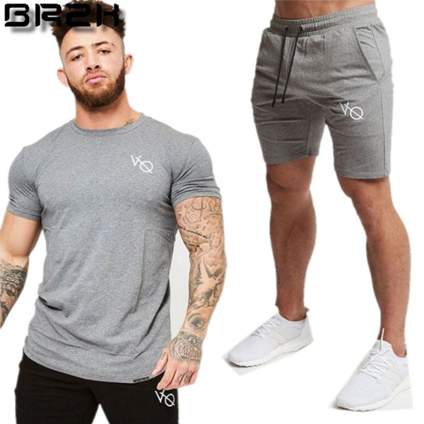 Vanquis Brand Spring summer Men GYMS Two Piece Sets Cotton T-shirt + Pants Sportwear Suit Male