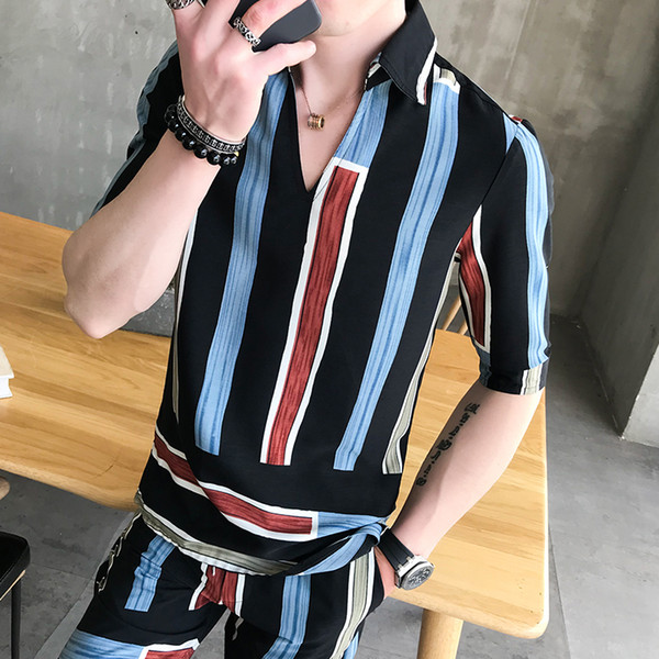 Fashion stripe 2pcs set shirt and shorts pullover summer shirt men and short Casual Erkek Giyim Slim Fit Social Club Outfits