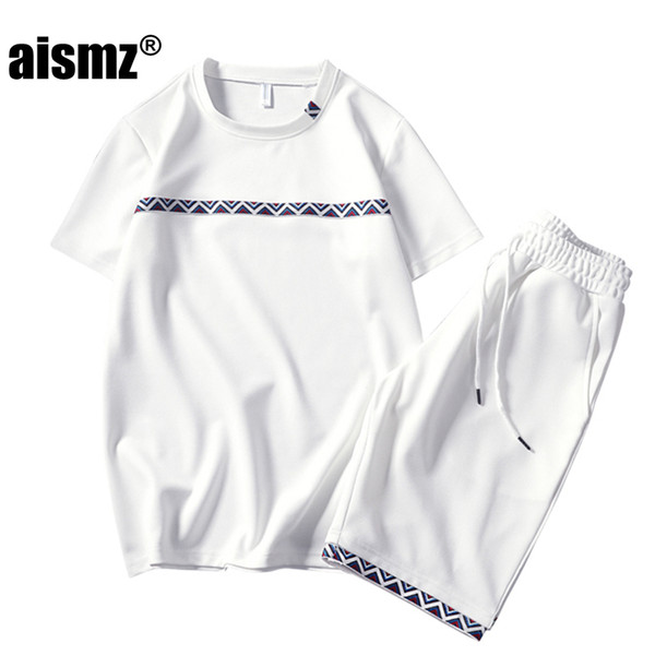 Aismz Summer Men Set Sporting Suit Men Short Sleeve T shirt+Shorts Two Piece Fitness Set Sweat Suit Fashion Casual Tracksuit