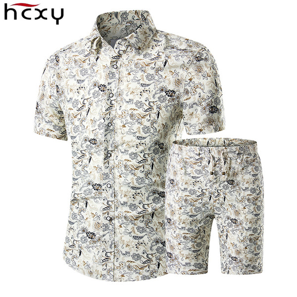 2018 Summer Men's Casual Set Mens Floral Shirt Beach Shorts Print Shirt + Board Shorts Pants Two Piece Suit Plus Size 5XL