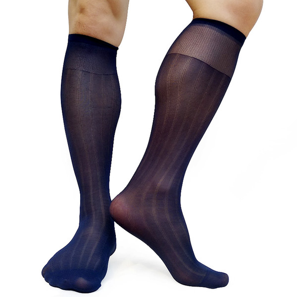 Men Nylon Sheer Socks High Elastic Striped See Through Sexy Tube Sox Formal Dress Suit Socks Hose Stocking Gentlemen Socks