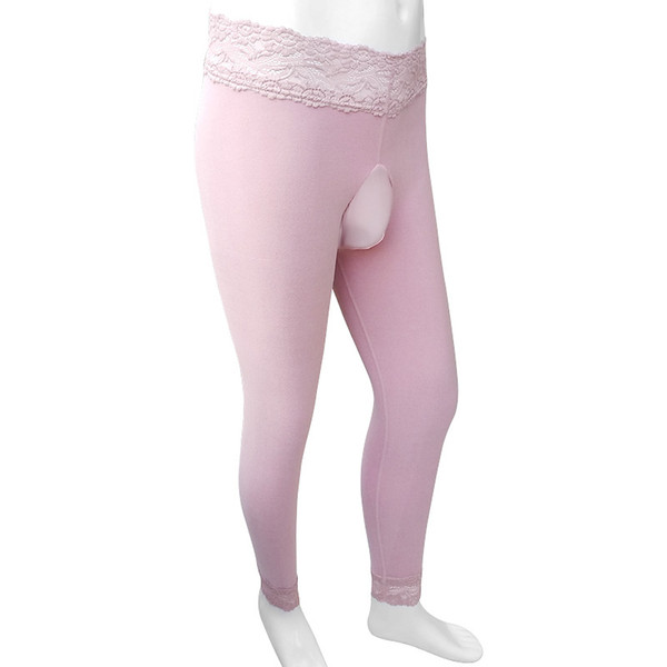 Sissy Winter Bottoms Keep Warm Thermal Pants With Penis Pouch Lace Waist Bottoms Pantyhose Men Lingerie Sexy Slim Long Johns