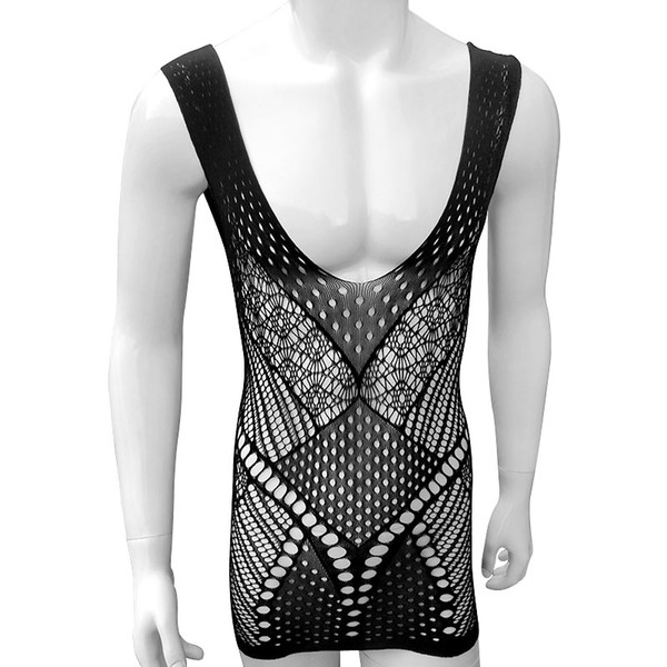 Clubwear Fish net Vestido Transparent Sissy Dress Babydoll Sheer Low Cut High Elastic Erotic Sissy Dress Lingerie Mens Bodysuit