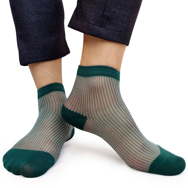 Men Nylon silk socks Striped Green See Through Sheer Thin Formal Dress Socks for Business male Sexy Dress Socks