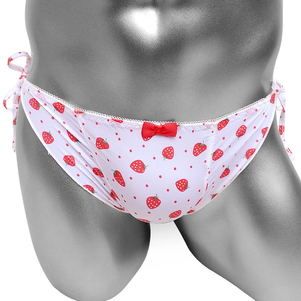 High quality sissy panties with Strawberry print Lace-up Frilly Men Briefs Underwear Sexy Lingerie See Through Sissy Panties