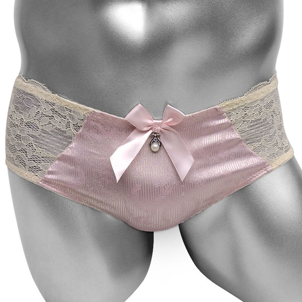 Cute Shiny Satin Sissy Panties With Lace Patchwork Bowknot Sexy Lingerie Mens Briefs Underwear Gay Knickers Panties Wetlook