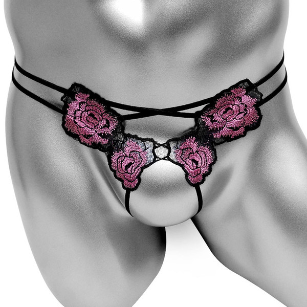 Sexy Exotic Novelty Embroidery Open Crotch Crotchless Sissy Panties Thong G String V String Panties Sissy Men Knicker Underwear