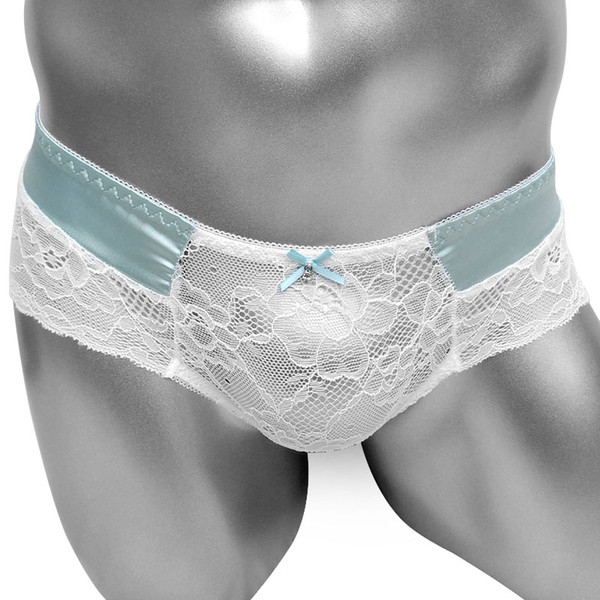 See Through Lacework Sissy Panties Briefs Satin Shiny Men Underwear Sexy Wet Look Low rise Lingerie Transparent Butt Underpants