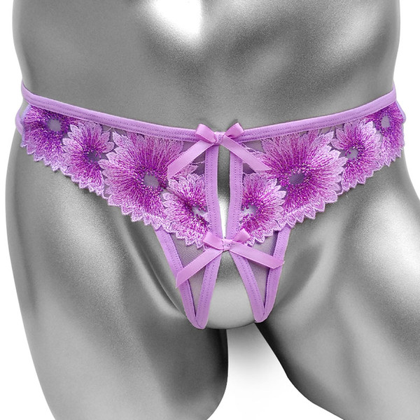 Floral Embroidery Open Crotch Sissy Panties Purple Sexy Lingerie Thong Men Underwear Low rise Gay Wet Look Novelty Male Bikini