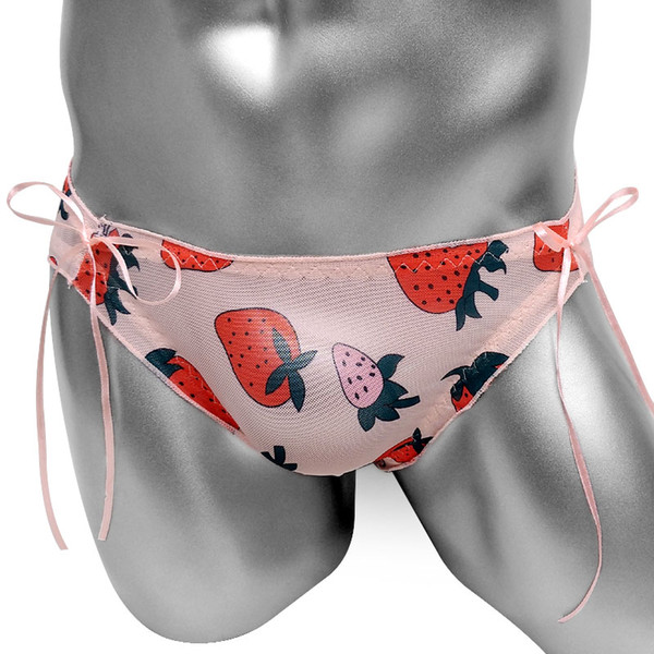 Sissy mesh panties with strawberry printed Sexy See Through Lingerie Men Briefs Underwear Bowknot Low rise Mesh Panties Underpants Bikini