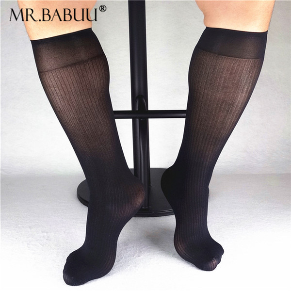 Men Solid Ribbed Striped Business Socks Vintage Soft Mesh Nylon Silk Socks Formal Dress Suit Long Striped Sheer Light Weight Socks