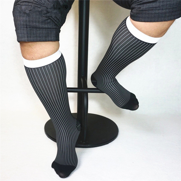 Men Single Packing Business Socks Vintage Soft Mesh Nylon Silk Socks Formal Dress Suit Long Striped Sheer Light Weight Socks