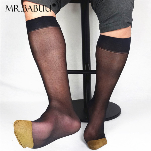 Men Business Soft Sheer Socks Contrast Toe Light Weight Formal Dress Suit Knee Length Long Socks Mesh Nylon Silk Socks