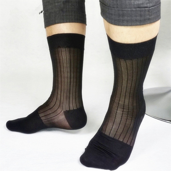 Men Business Black Striped Socks Sheer Light Weight Vintage Formal Dress Suit Long Socks Soft Mesh Nylon Silk Socks