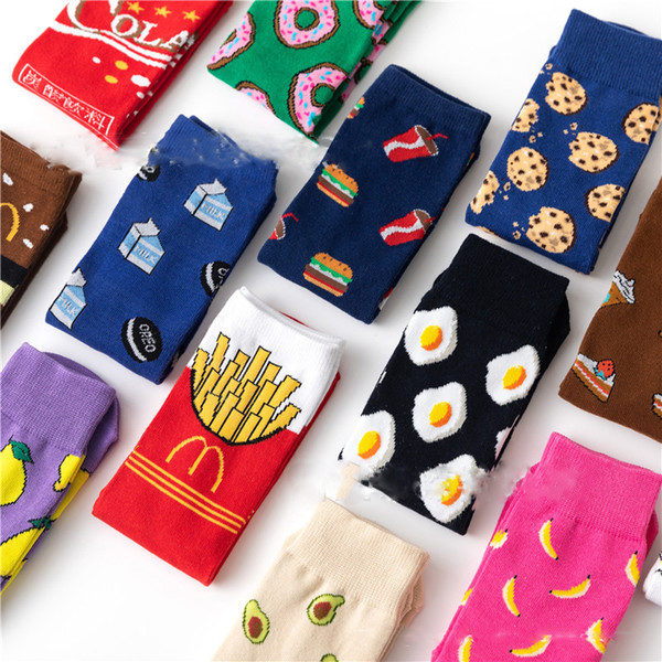 Women Socks Funny Cute Cartoon Fruits Banana Avocado Lemon Egg Cookie Donuts Food Happy Japanese Harajuku skateboard Socks