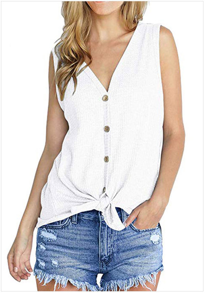 Pure Color Sleeveless Shirt V-collar Button Hem Pure Color New Loose Vest Female Summer Fashion Trend Style jooyoo