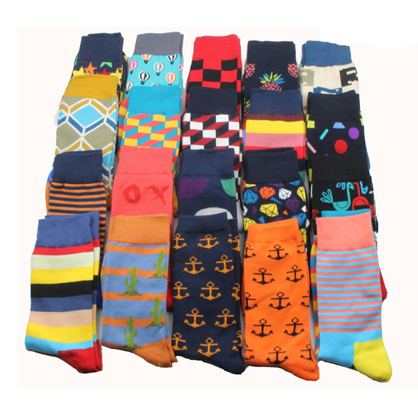 26 Colors Brand Quality Mens Happy Socks Striped Plaid Socks Men Combed Cotton Calcetines Largos Hombre 2PCS=1PAIRS