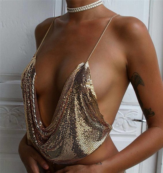 Tank Crop Top Metal Sequin V Neck T-shirt For Women Halter Shiny Bustier Backless Cami Cropped Camisole Bralette Beach Vest